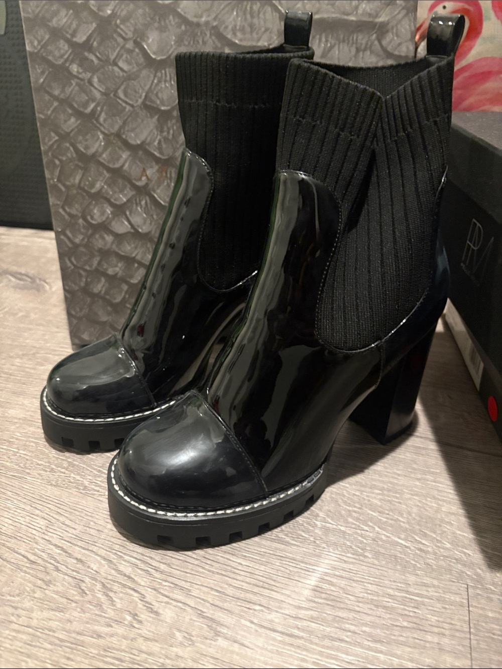 Patent Black Chunky Heel Chelsea Booties